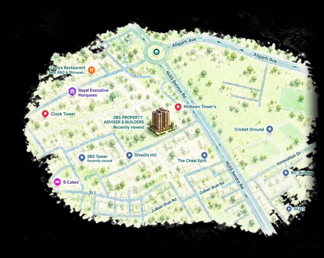 Illustrated map of the streets around SBS Property Advisor & Builders in Sector H-13, Islamabad, showing NUST Service Road, Aligarh Avenue and nearby landmarks