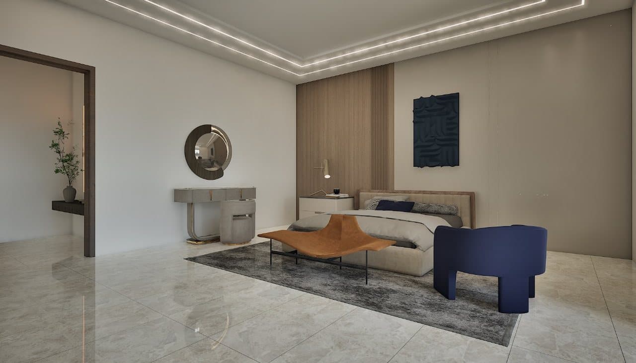 Bedroom with a seating area and dressing console at SBS Tower
