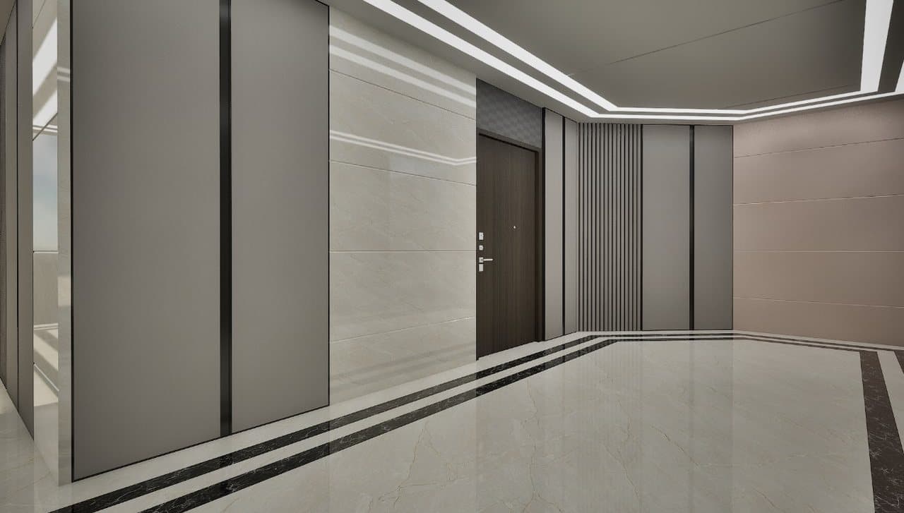 Bedroom suite at SBS Tower with a panelled headboard wall and cove lighting