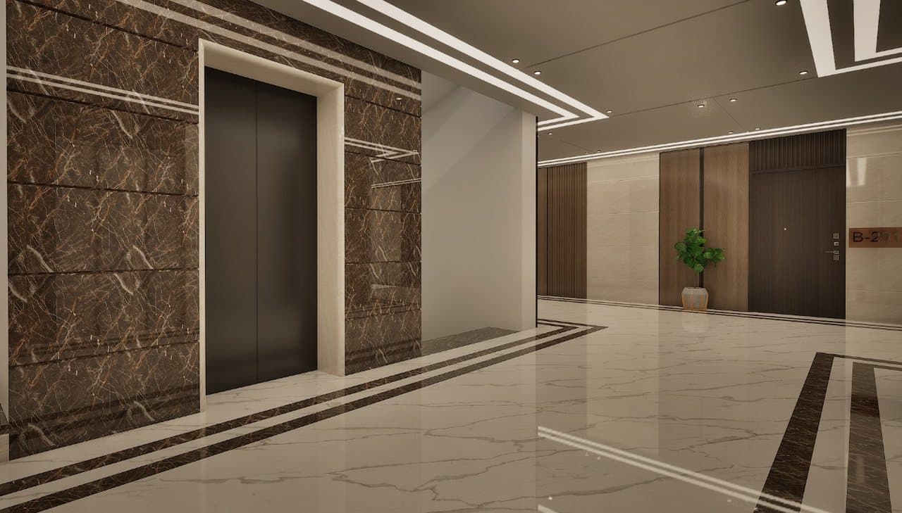 Elevator lobby at SBS Tower clad in book-matched marble