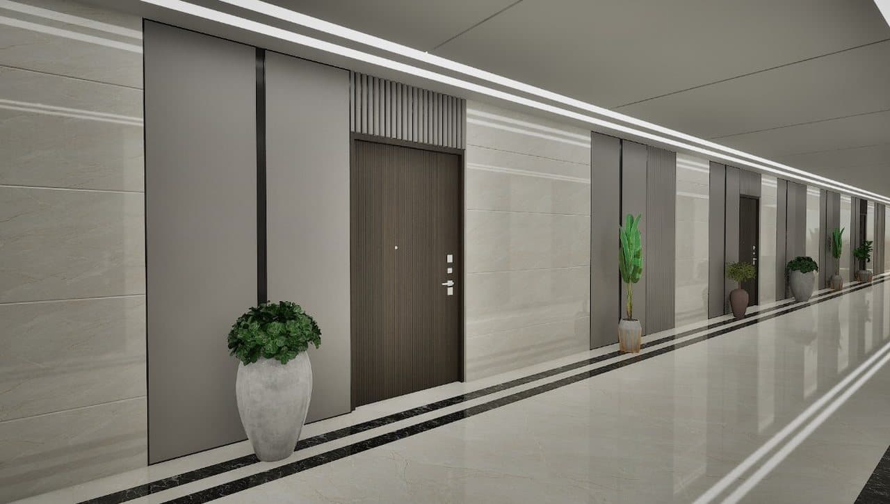 Entrance lobby at SBS Tower finished in large-format stone