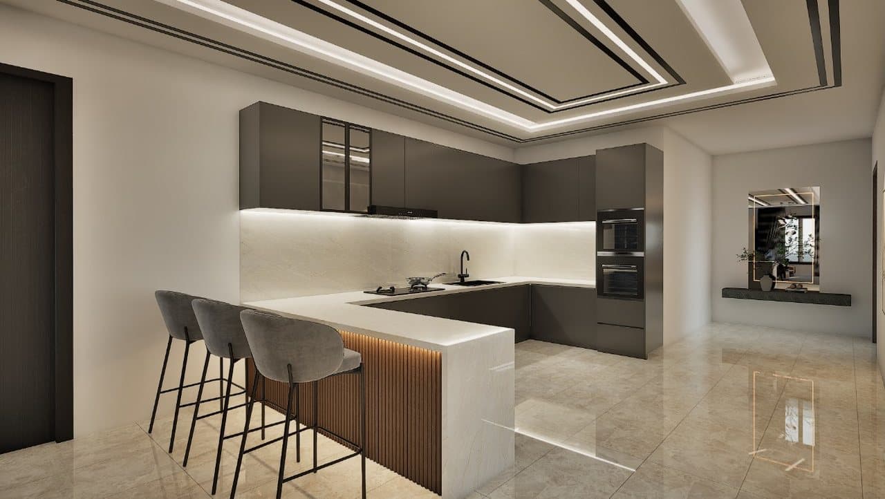 Kitchen with a timber-clad breakfast bar and bar seating at SBS Tower