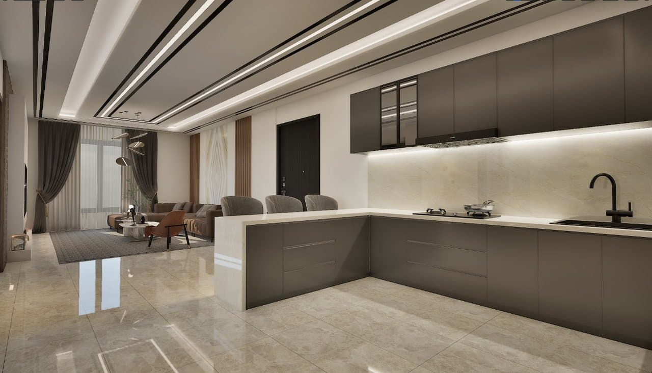 SBS Tower kitchen opening onto the living area, with stone worktops