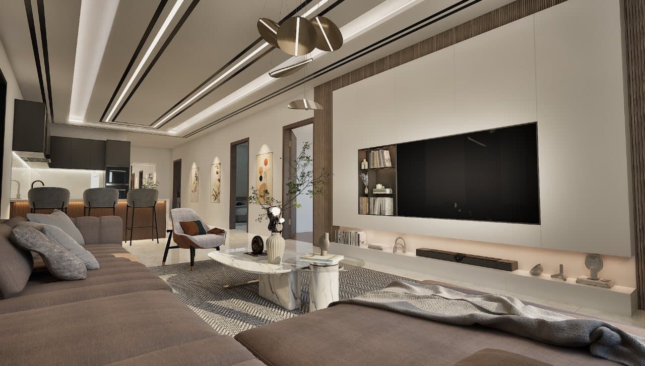 Lounge seating beside floor-to-ceiling glazing in an SBS Tower apartment
