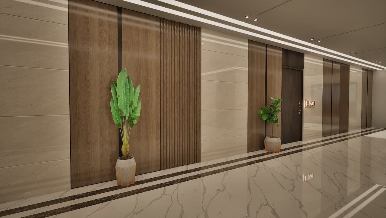 Lift lobby at SBS Tower with timber panelling and marble flooring