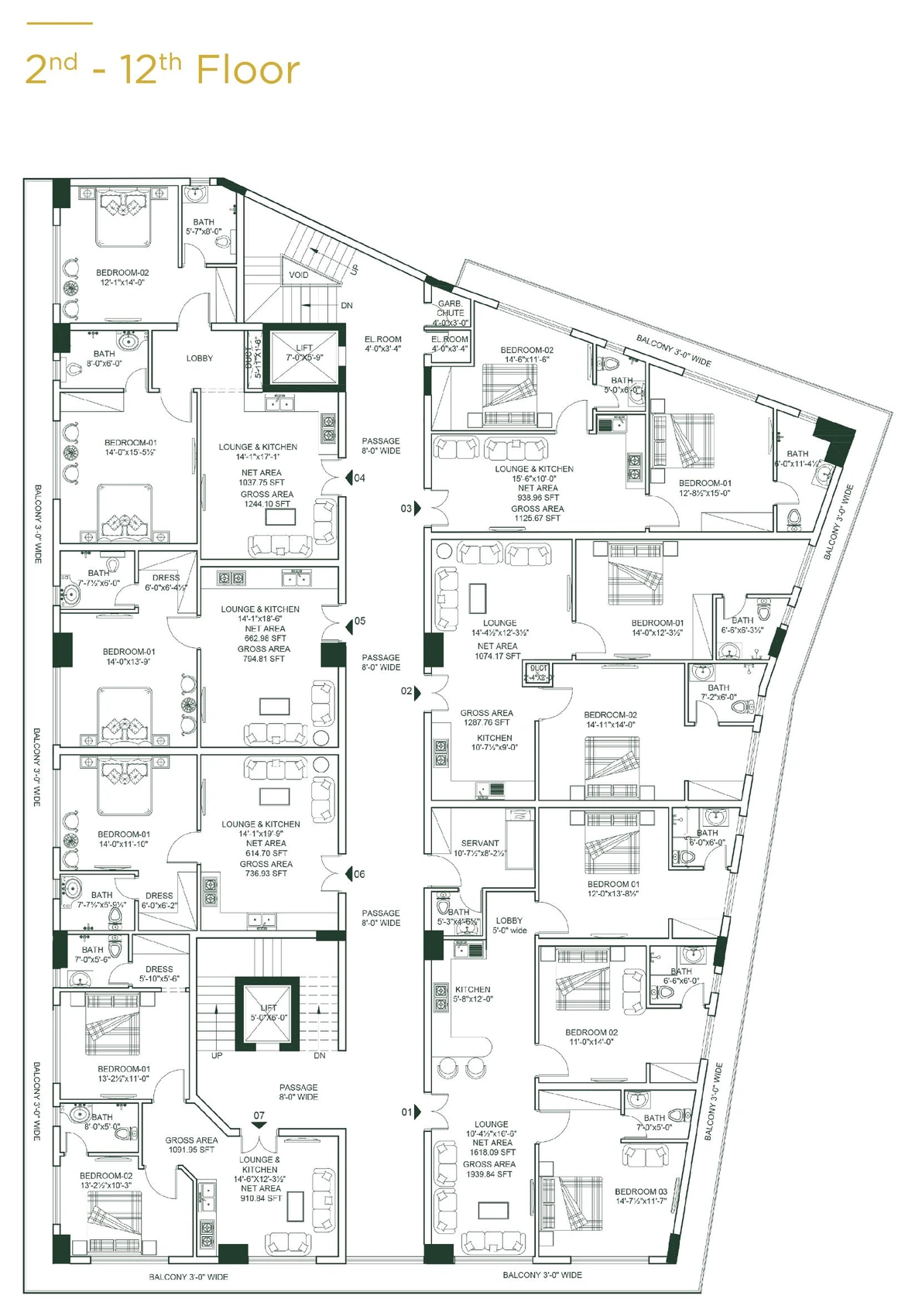 2nd – 12th Floor plan at SBS Tower
